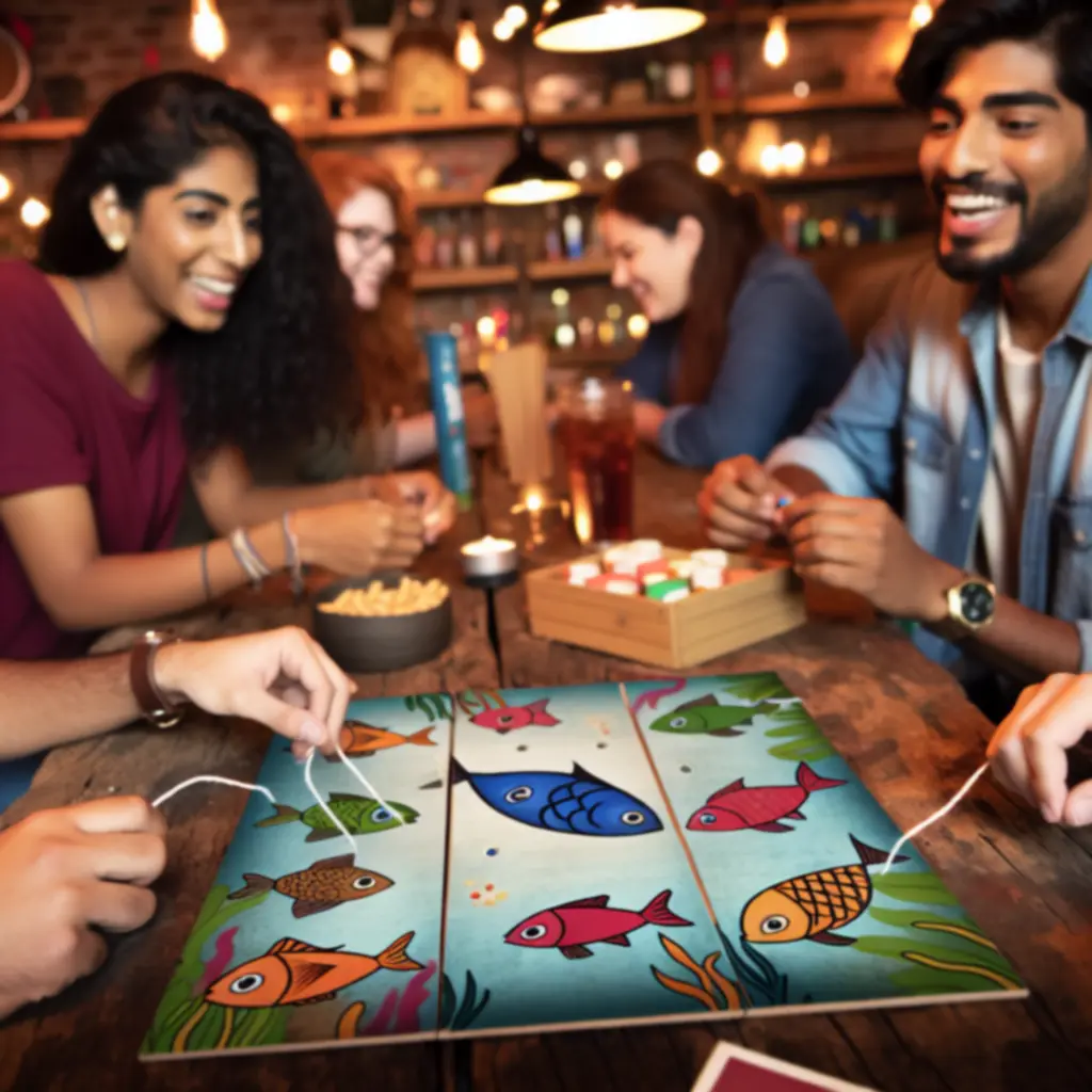 Przyjaciele grający w kolorową planszówkę o rybkach w kawiarni