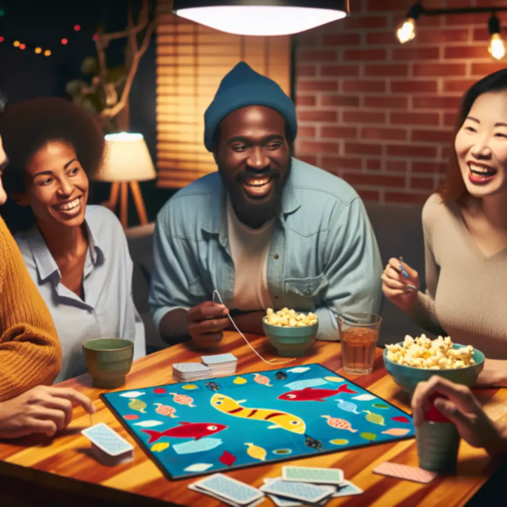 Grupa ludzi cieszących się z gry planszowej o tematyce wędkarskiej