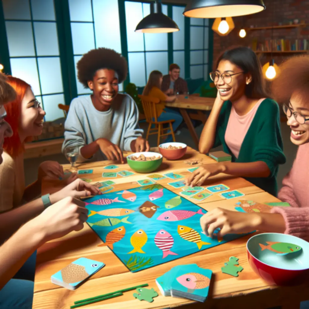 Wieczór gier z przyjaciółmi przy planszowej grze wędkarskiej
